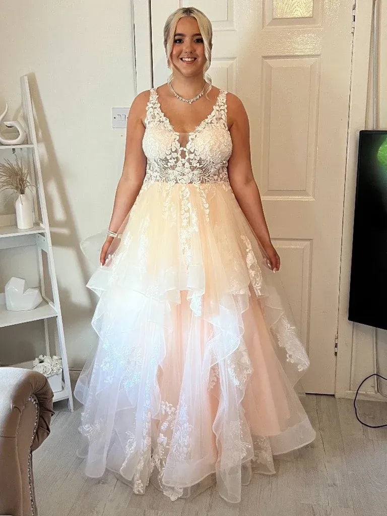 Pink Plus Size A-Line V-Neck Applique Laye Pink Long Prom Dress
