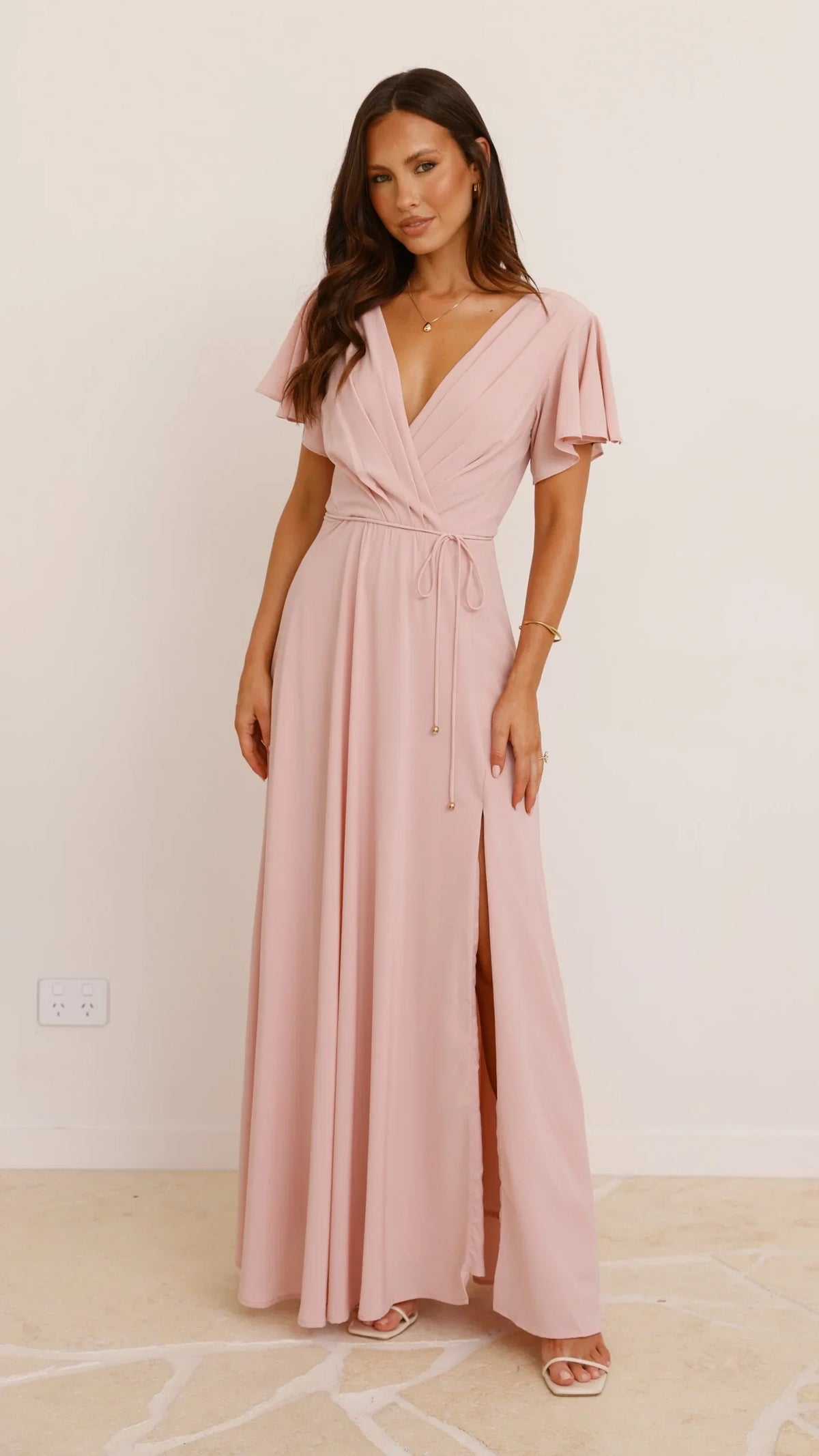 Dusty Pink Long v neck formal Dusty Elegant