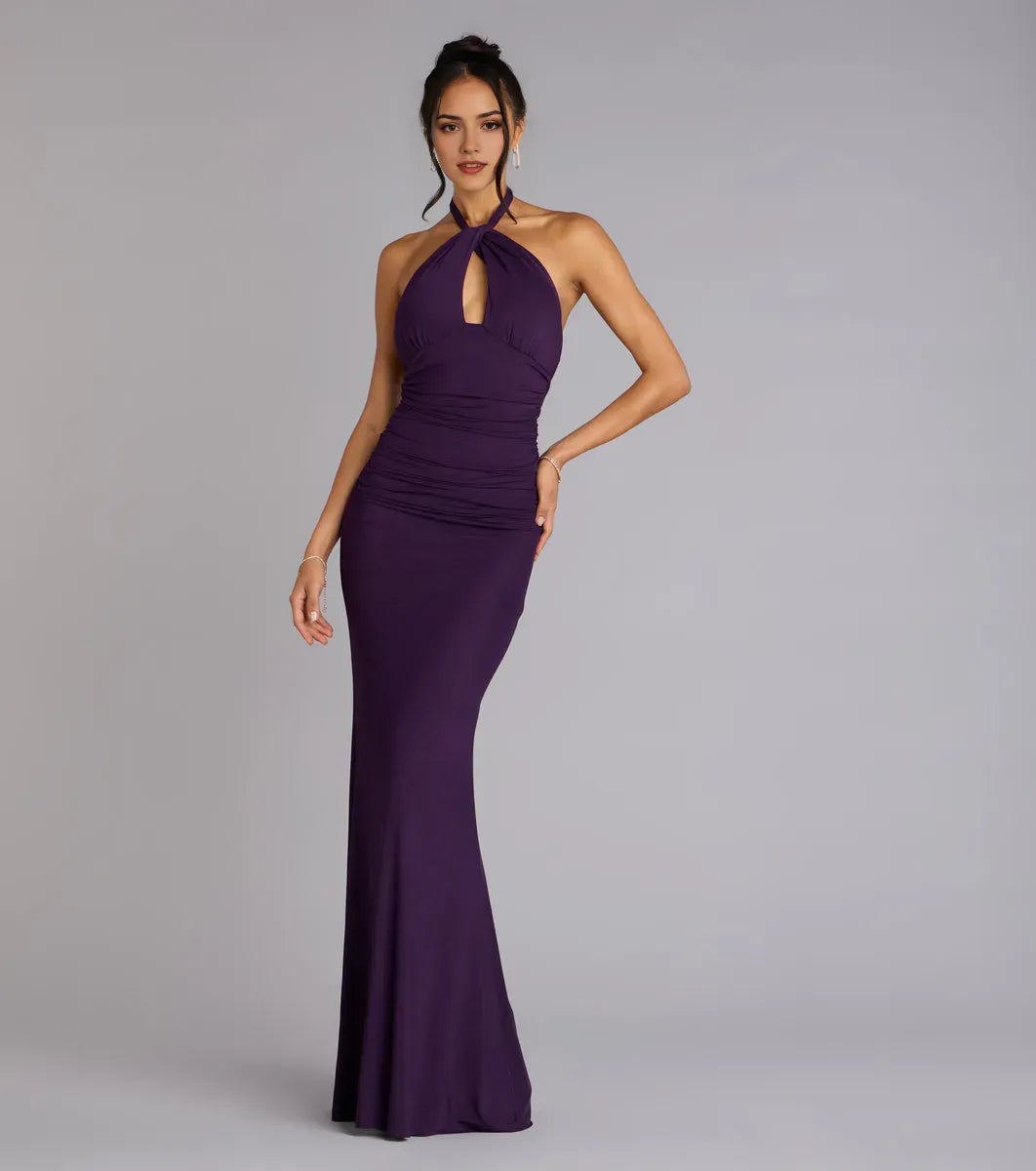Purple Mermaid Halter-Neck Sleeveless Tie Back Floor-Length Cut Out Prom Dresses