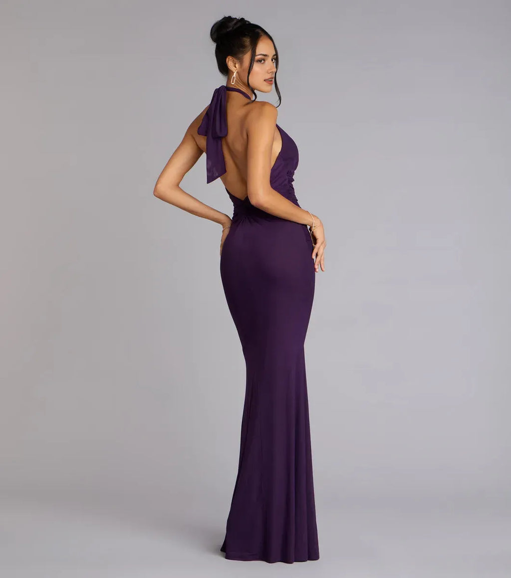 Purple Mermaid Halter-Neck Sleeveless Tie Back Floor-Length Cut Out Prom Dresses
