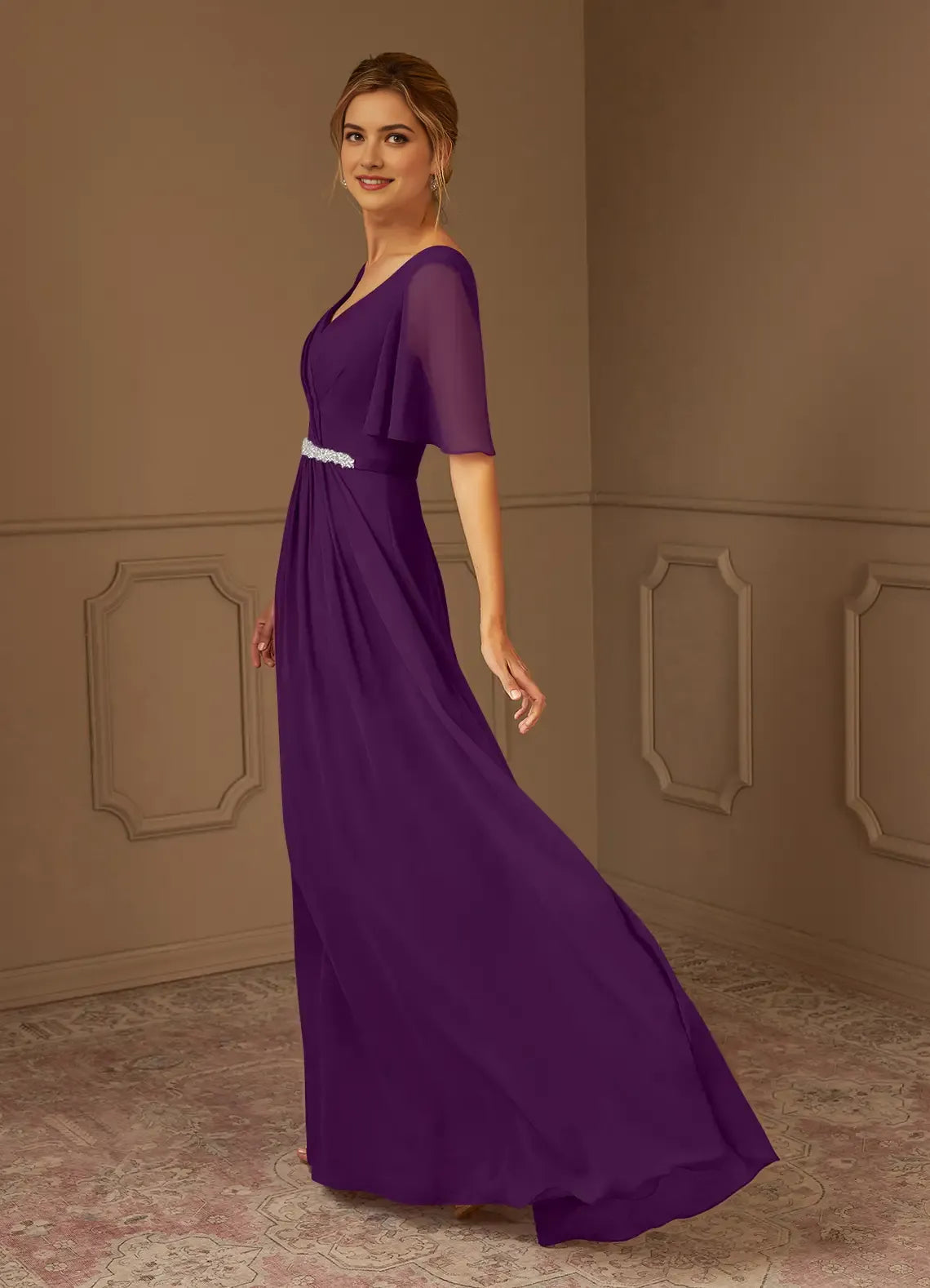 Purple Mother of the Bride Dress with V - Neck Flutter Sleeves Waistband Ruched Bodice Sparkling Detail