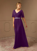 Purple Mother of the Bride Dress with V - Neck Flutter Sleeves Waistband Ruched Bodice Sparkling Detail