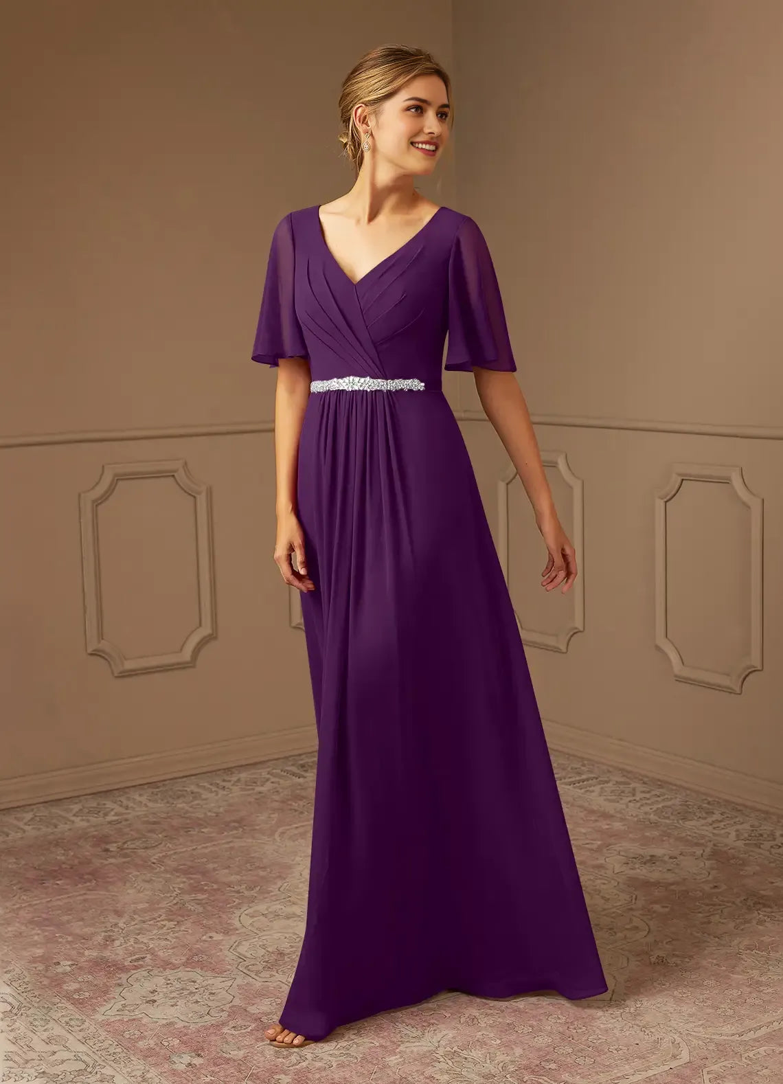 Purple Mother of the Bride Dress with V - Neck Flutter Sleeves Waistband Ruched Bodice Sparkling Detail