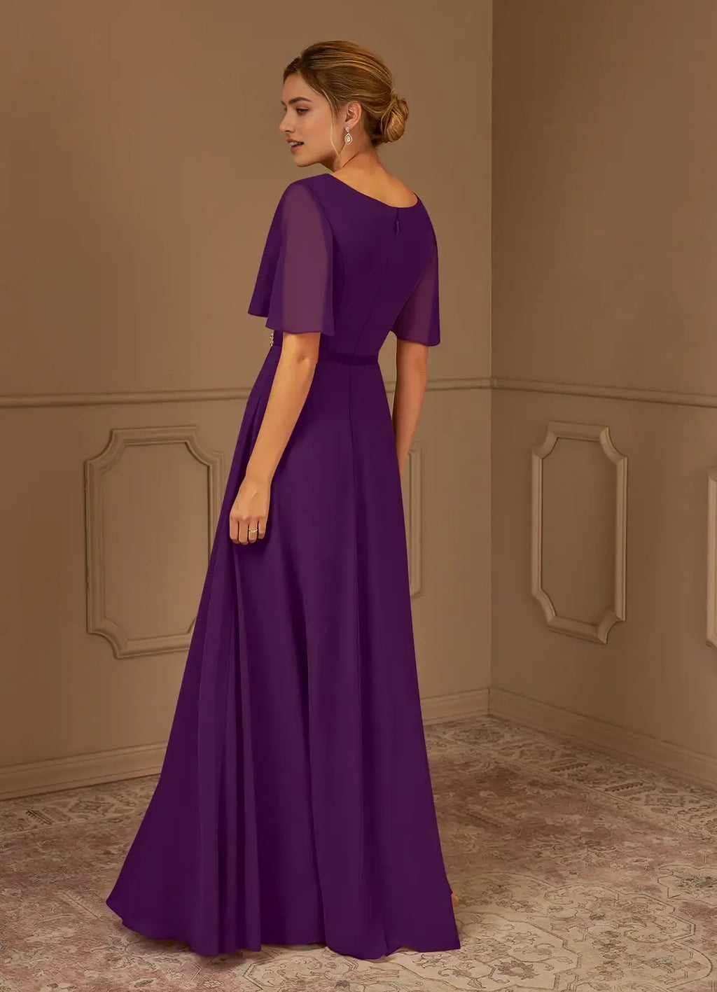 Purple Mother of the Bride Dress with V - Neck Flutter Sleeves Waistband Ruched Bodice Sparkling Detail