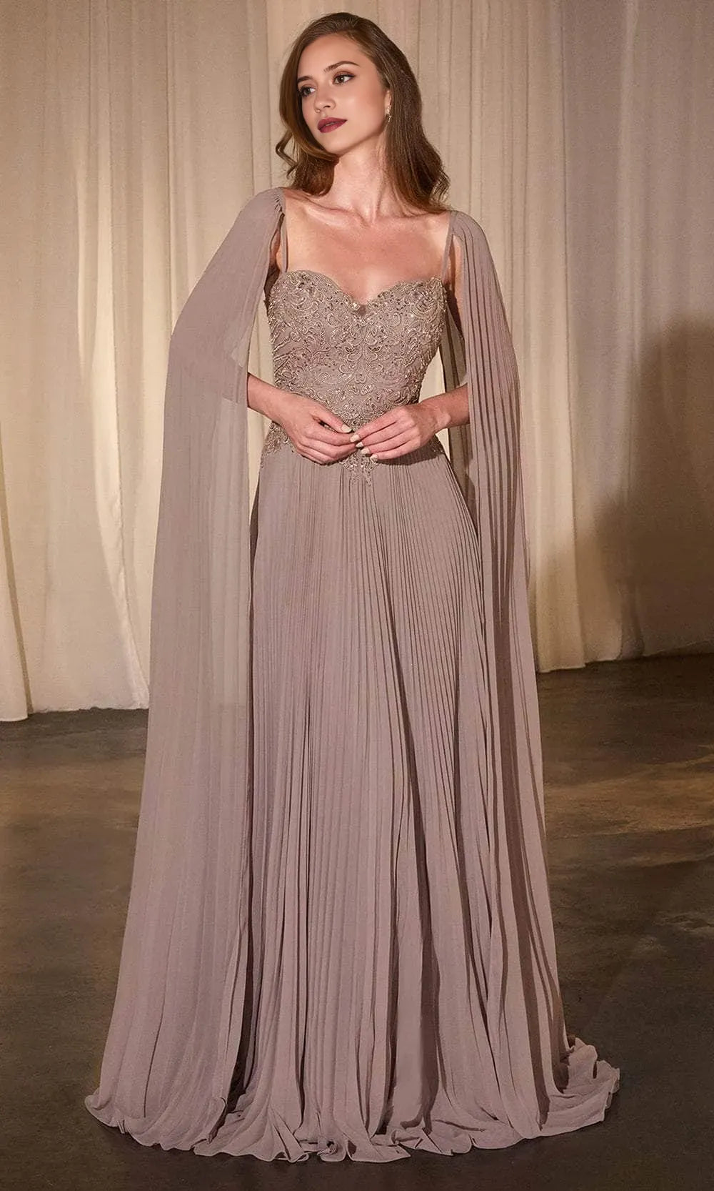 Purple Pleated Prom Gown with Bodice and Cape Sleeves Perfect for Formal Balls Galas