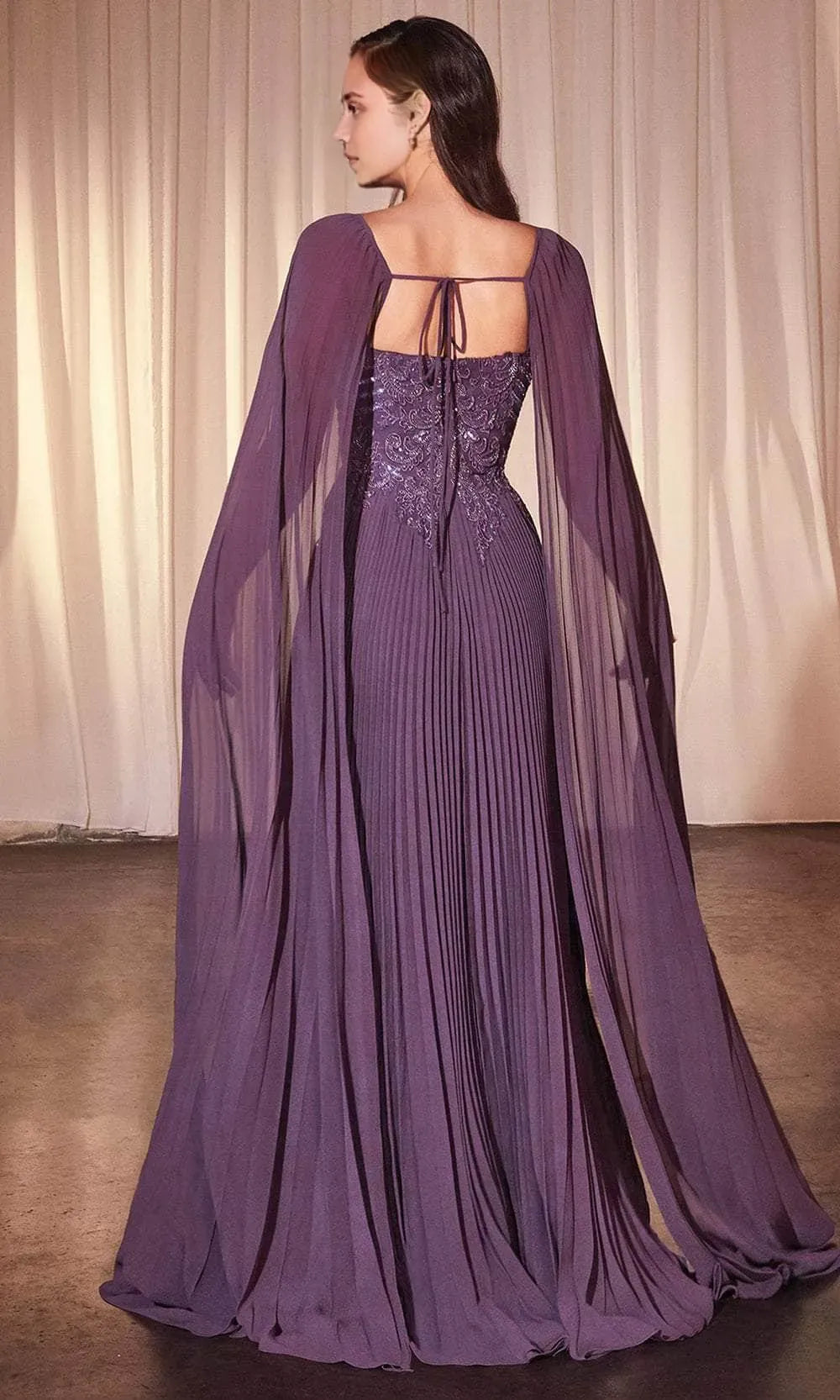 Purple Pleated Prom Gown with Bodice and Cape Sleeves Perfect for Formal Balls Galas