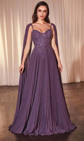 Purple Pleated Prom Gown with Bodice and Cape Sleeves Perfect for Formal Balls Galas