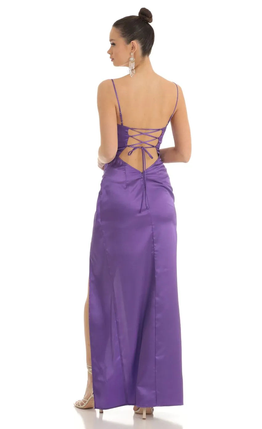 Purple Prom Dress with Spaghetti Straps Cowl Neckline Side Thigh Slit Length Formal Evening Gown for Prom