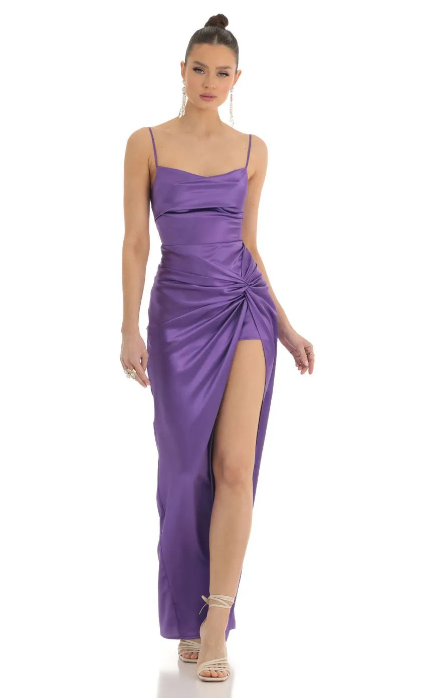 Purple Prom Dress with Spaghetti Straps Cowl Neckline Side Thigh Slit Length Formal Evening Gown for Prom