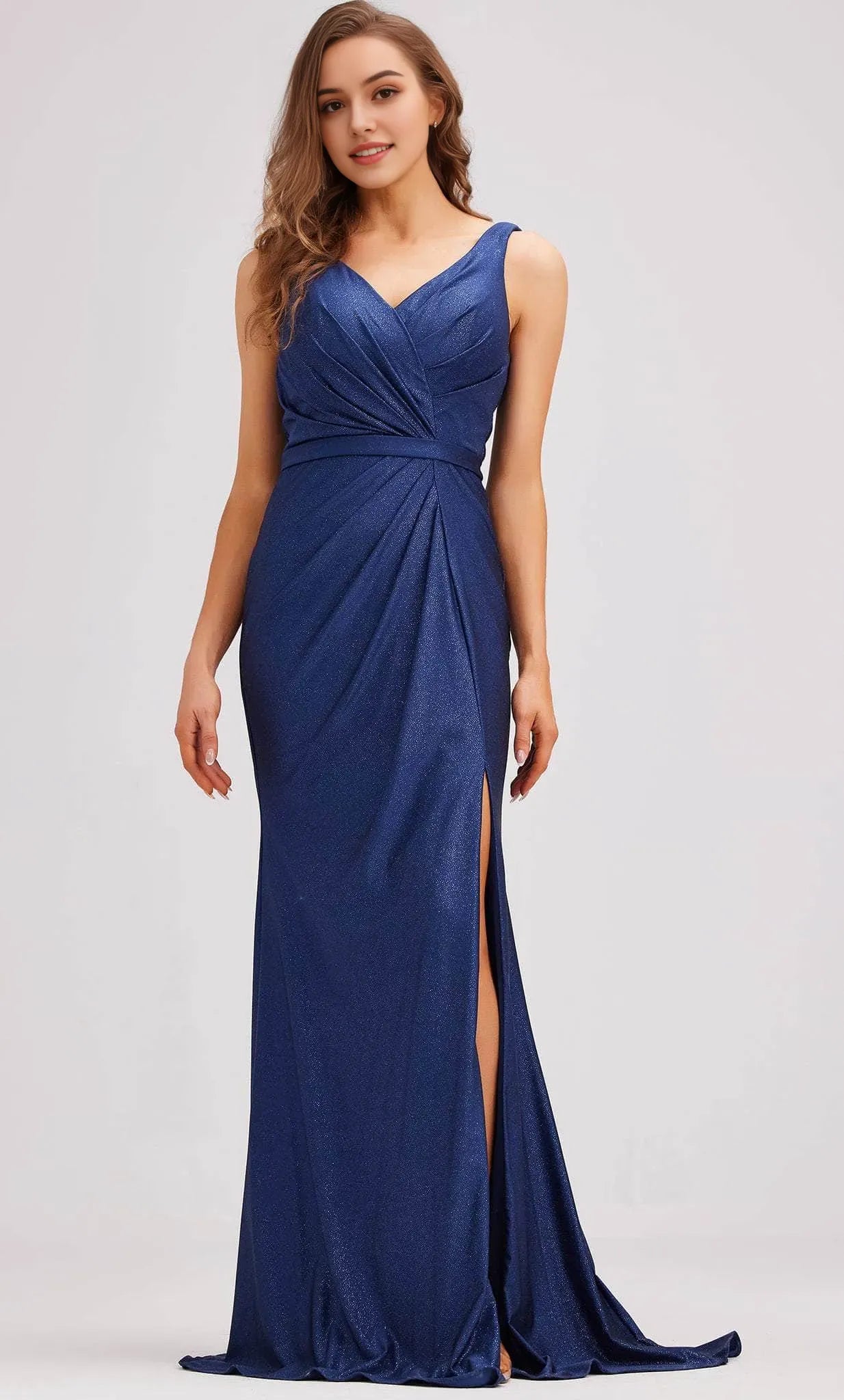 Purple Shimmering Evening Dresses with V Neckline Ruched Bodice Waist Cinching Wrap Detail and High Side Slit Perfect for Formal Galas Prom Nights and Sophisticated