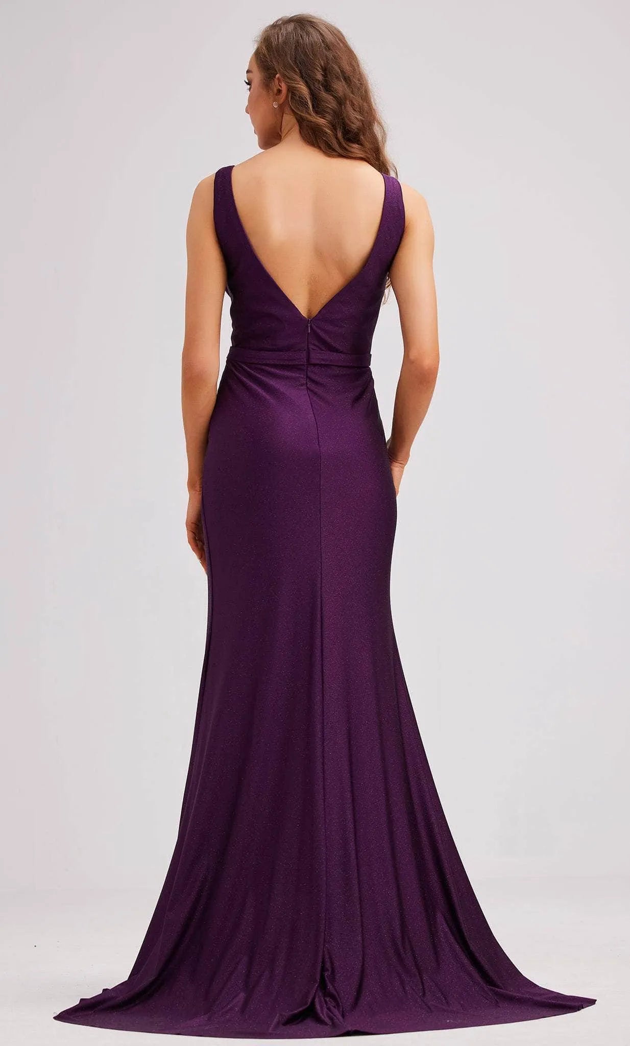 Purple Shimmering Evening Dresses with V Neckline Ruched Bodice Waist Cinching Wrap Detail and High Side Slit Perfect for Formal Galas Prom Nights and Sophisticated