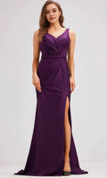 Purple Shimmering Evening Dresses with V Neckline Ruched Bodice Waist Cinching Wrap Detail and High Side Slit Perfect for Formal Galas Prom Nights and Sophisticated