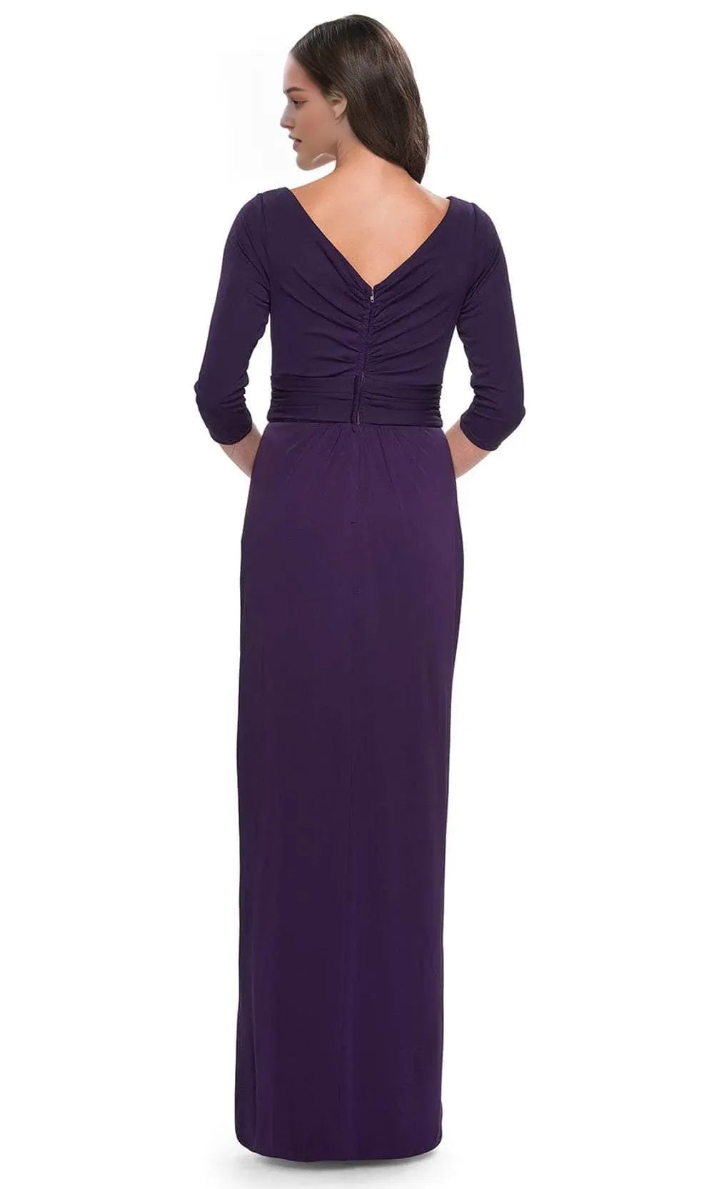 Purple V - NeckEvening Dresses with 3/4 Sleeves Wrap Style Bodice and Draped Skirt for Formal Occasions