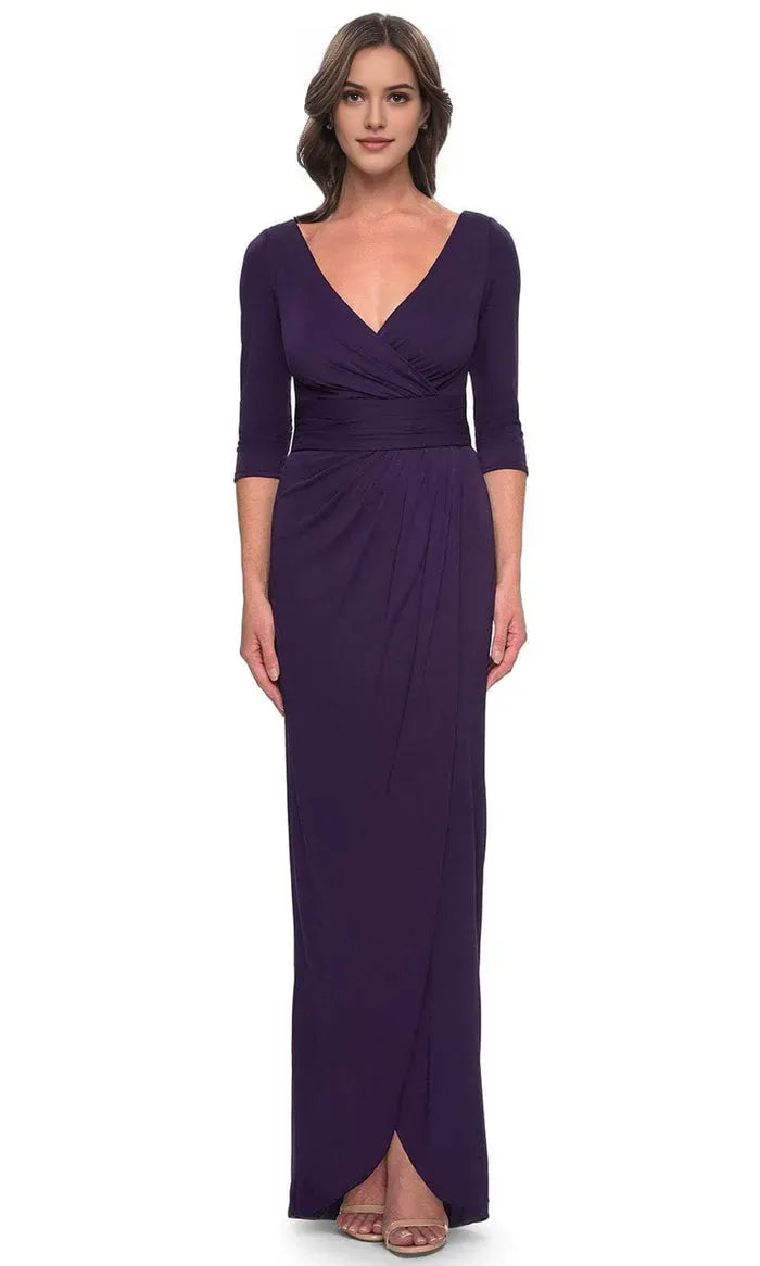 Purple V - NeckEvening Dresses with 3/4 Sleeves Wrap Style Bodice and Draped Skirt for Formal Occasions