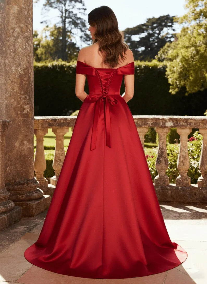 Red A-Line Off-Shoulder Sleeveless Lace-Up Back Floor-Length Prom Dress