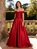 Red A-Line Off-Shoulder Sleeveless Lace-Up Back Floor-Length Prom Dress