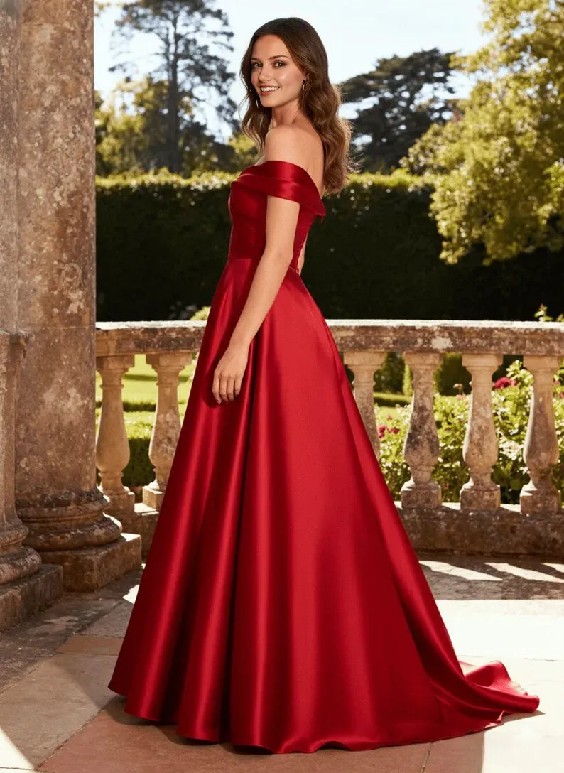 Red A-Line Off-Shoulder Sleeveless Lace-Up Back Floor-Length Prom Dress