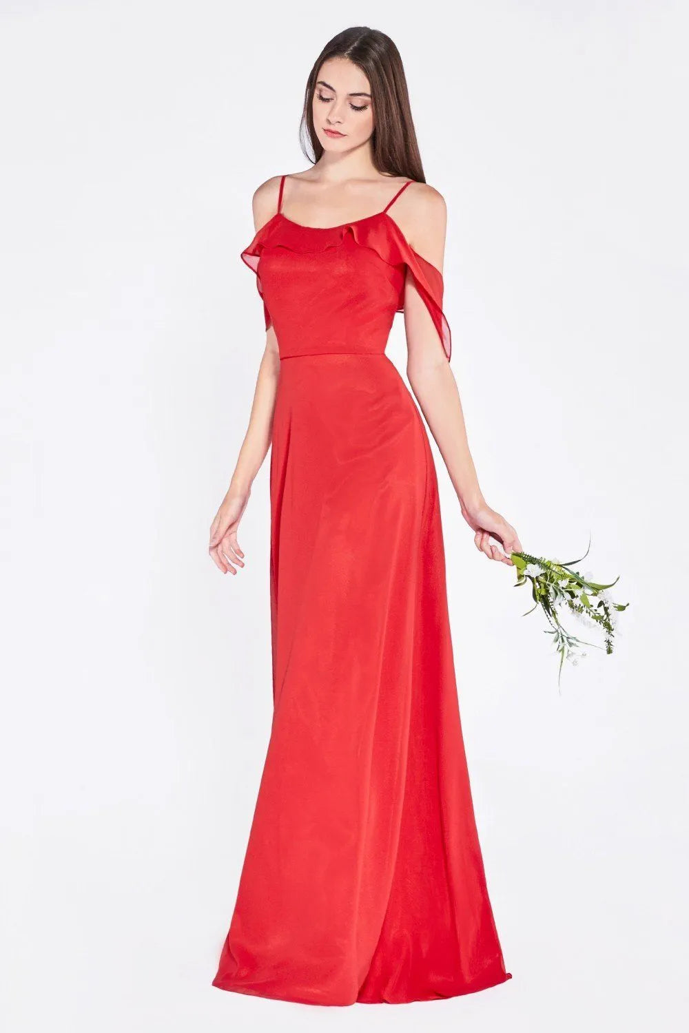 Red Prom Dress with Off - Shoulder Ruffled Straps and Flowy Maxi Silhouette for Formal Occasions