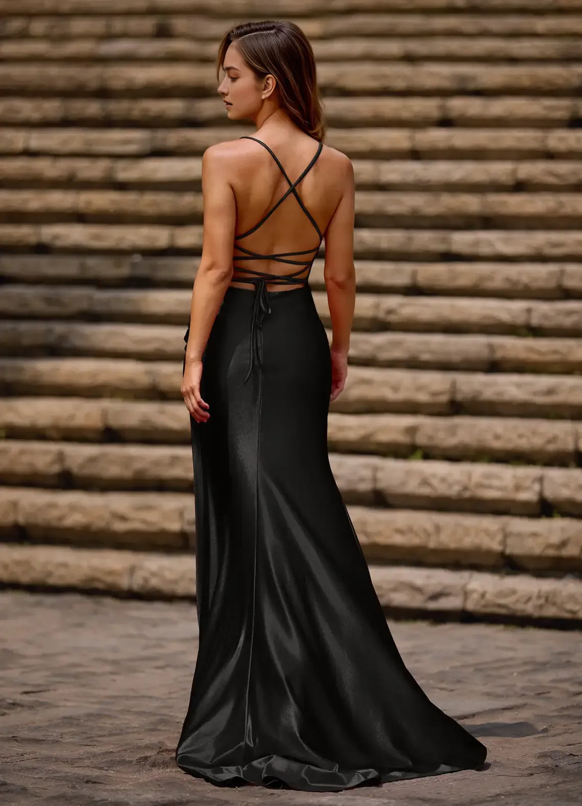 Red Column Square Neckline Sleeveless Crisscross Up High-Side Leg Slit Floor-Length Prom Dress with Pleated