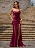 Red Column Square Neckline Sleeveless Crisscross Up High-Side Leg Slit Floor-Length Prom Dress with Pleated