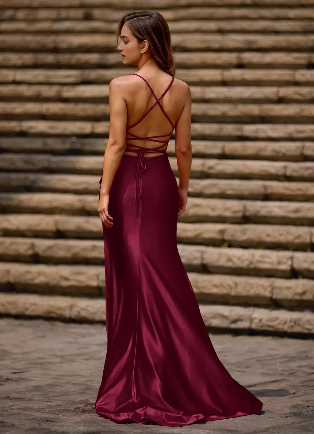 Red Column Square Neckline Sleeveless Crisscross Up High-Side Leg Slit Floor-Length Prom Dress with Pleated