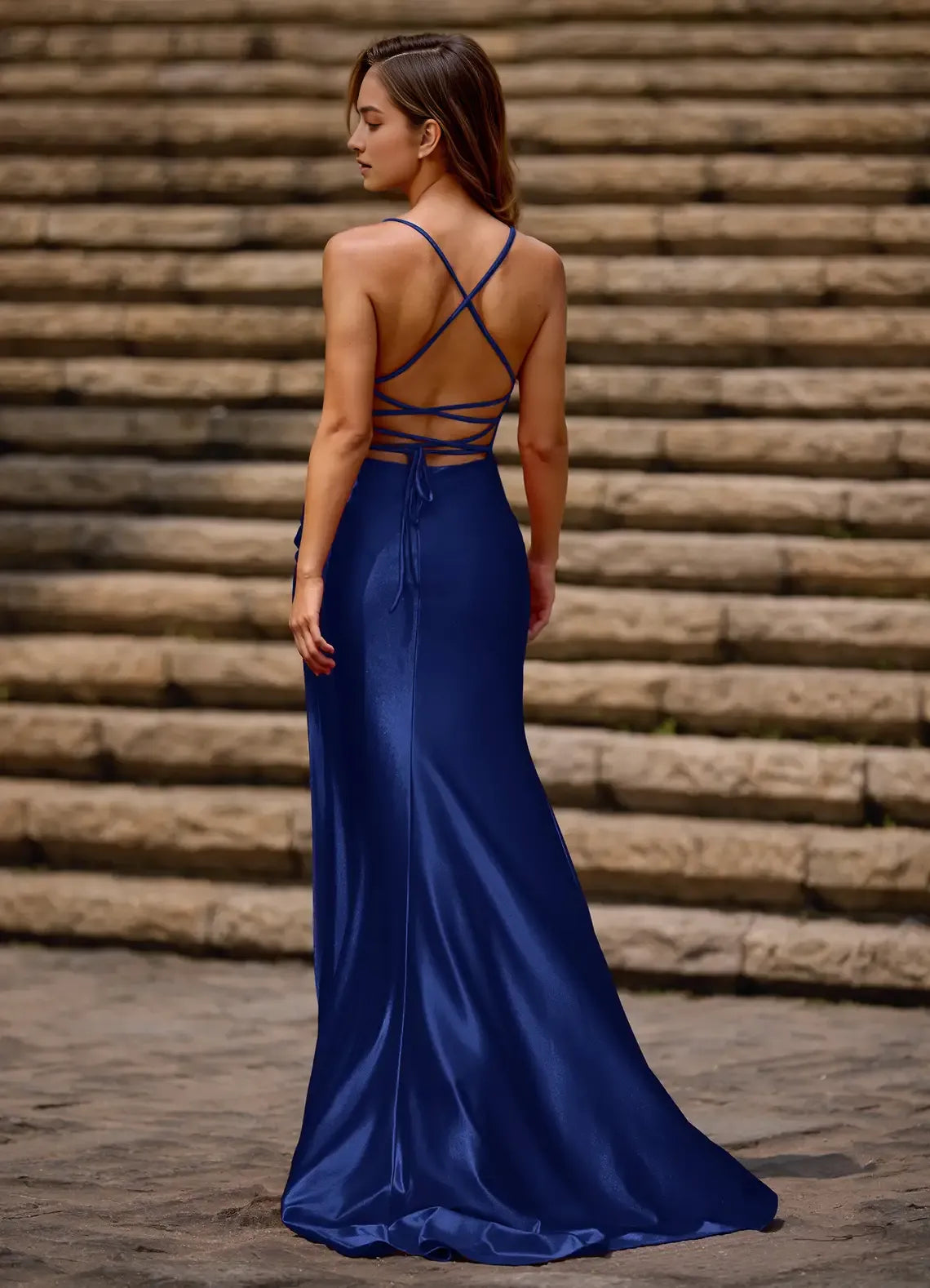 Red Column Square Neckline Sleeveless Crisscross Up High-Side Leg Slit Floor-Length Prom Dress with Pleated