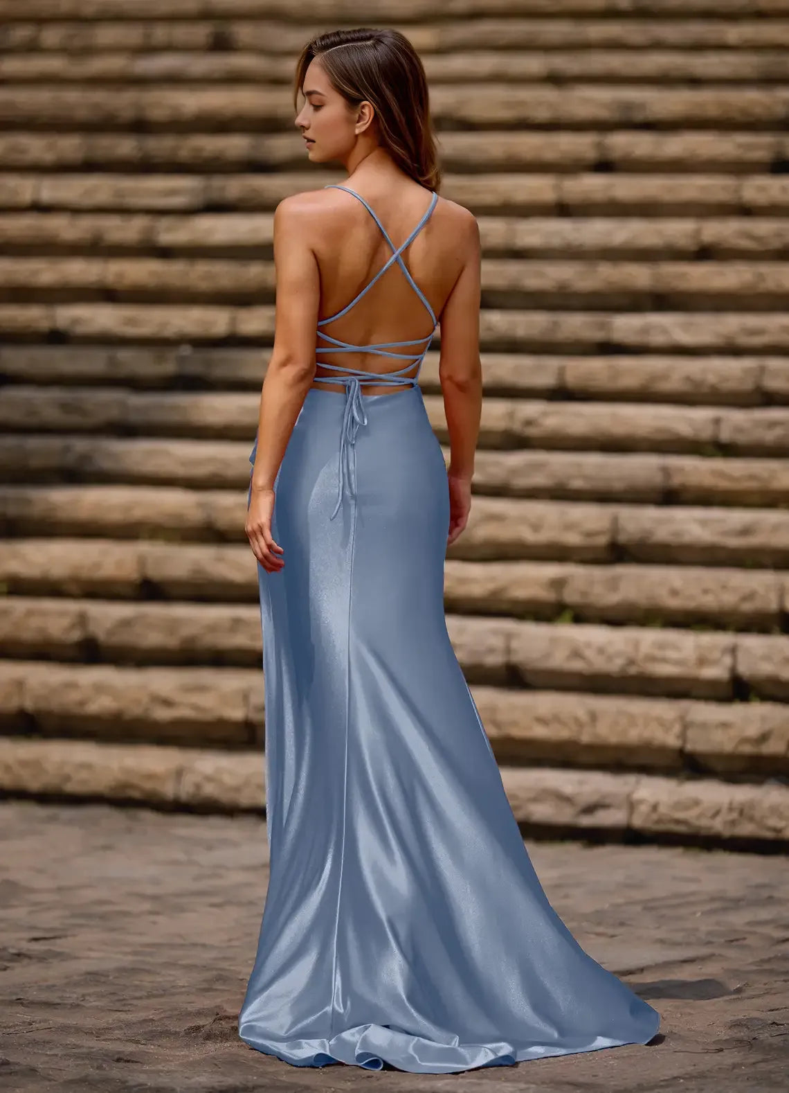Red Column Square Neckline Sleeveless Crisscross Up High-Side Leg Slit Floor-Length Prom Dress with Pleated