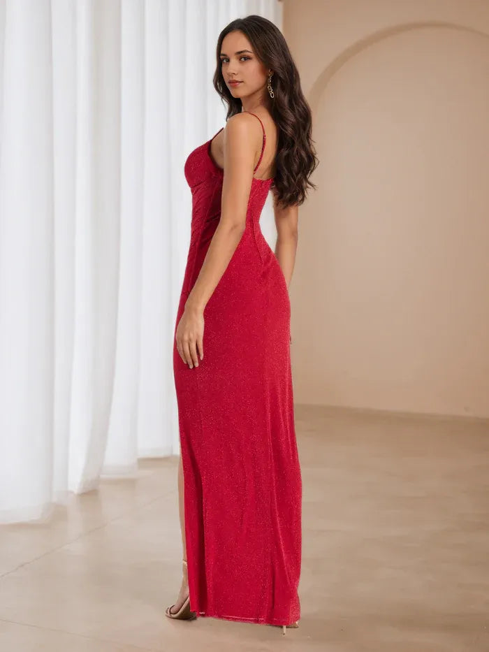 Red Glitter Gown Cowl Neck Sheer Detailing Slit for Sophisticated Evenings