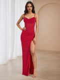 Red Glitter Gown Cowl Neck Sheer Detailing Slit for Sophisticated Evenings