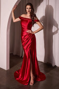 Red Mermaid Off-the-Shoulder Sleeveless Back Zip Floor-Length Ruched High Slit Prom Dresses
