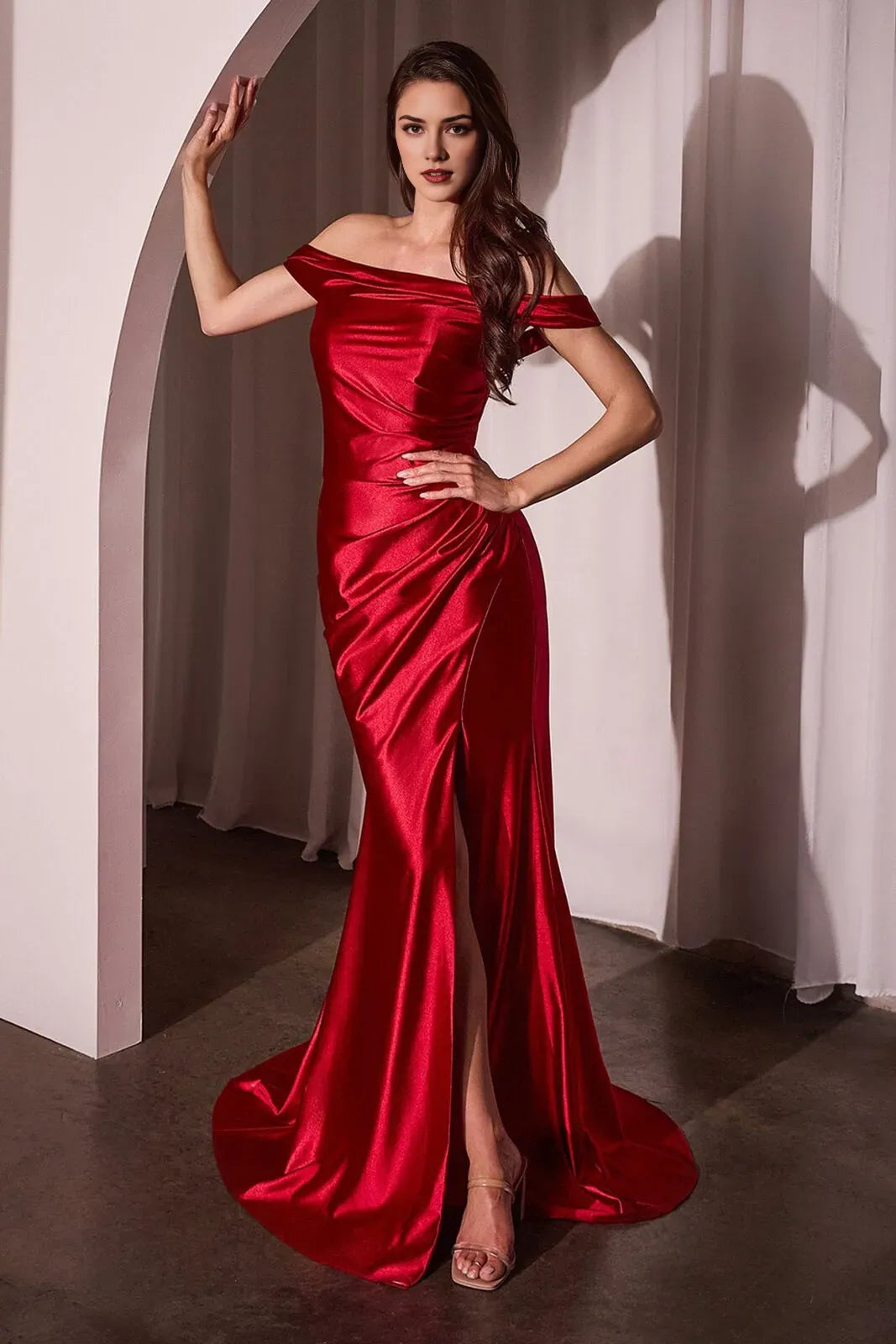Red Mermaid Off-the-Shoulder Sleeveless Back Zip Floor-Length Ruched High Slit Prom Dresses