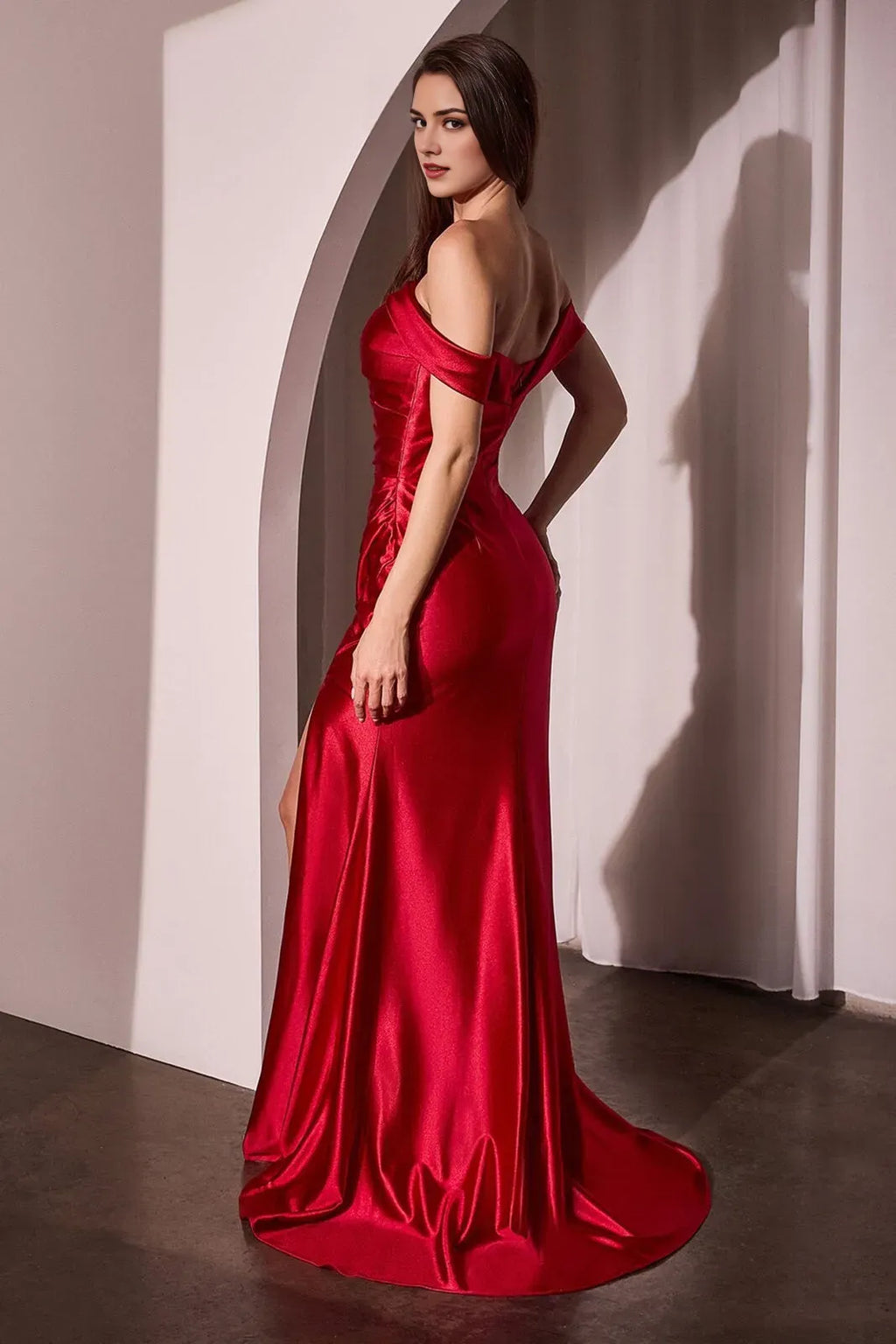 Red Mermaid Off-the-Shoulder Sleeveless Back Zip Floor-Length Ruched High Slit Prom Dresses