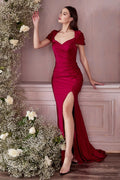 Red Mermaid Prom Dress with Off Shoulder Sleeves Ruched Detailing and High Slit Crafted from Luxurious Fabric