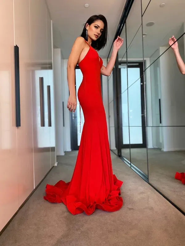 Red Mermaid V-neck Sleeveless Crisscross-Back Ruffles Prom Dresses with Sweep/Brush Train