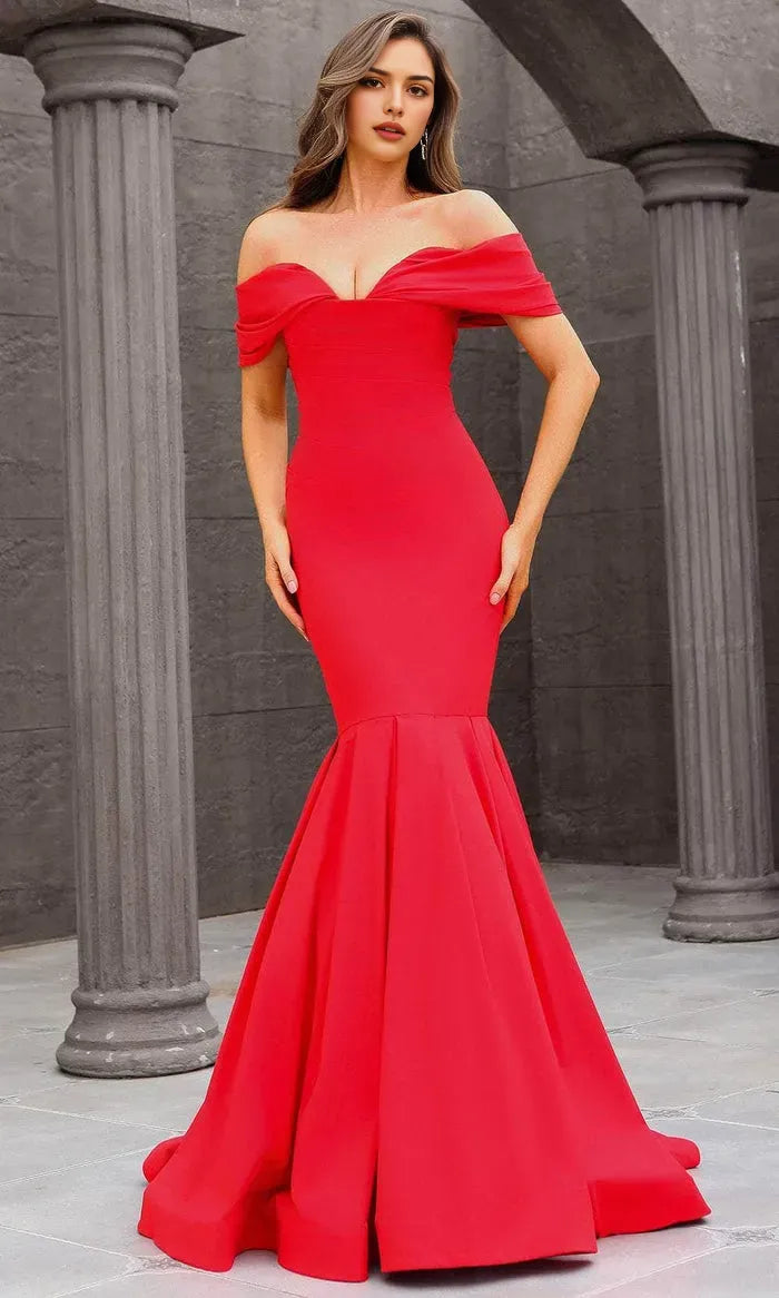 Black Red Off - Shoulder Mermaid Evening Dress with Flared Hem Perfect for Formal Tie Events