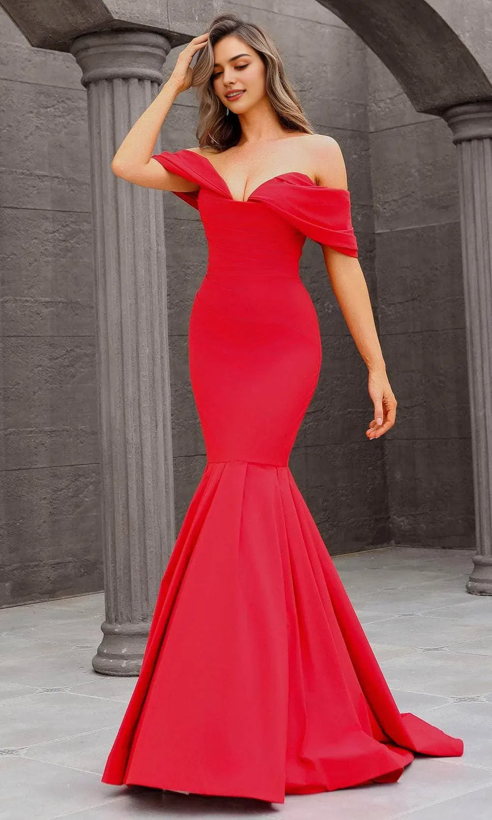Black Red Off - Shoulder Mermaid Evening Dress with Flared Hem Perfect for Formal Tie Events