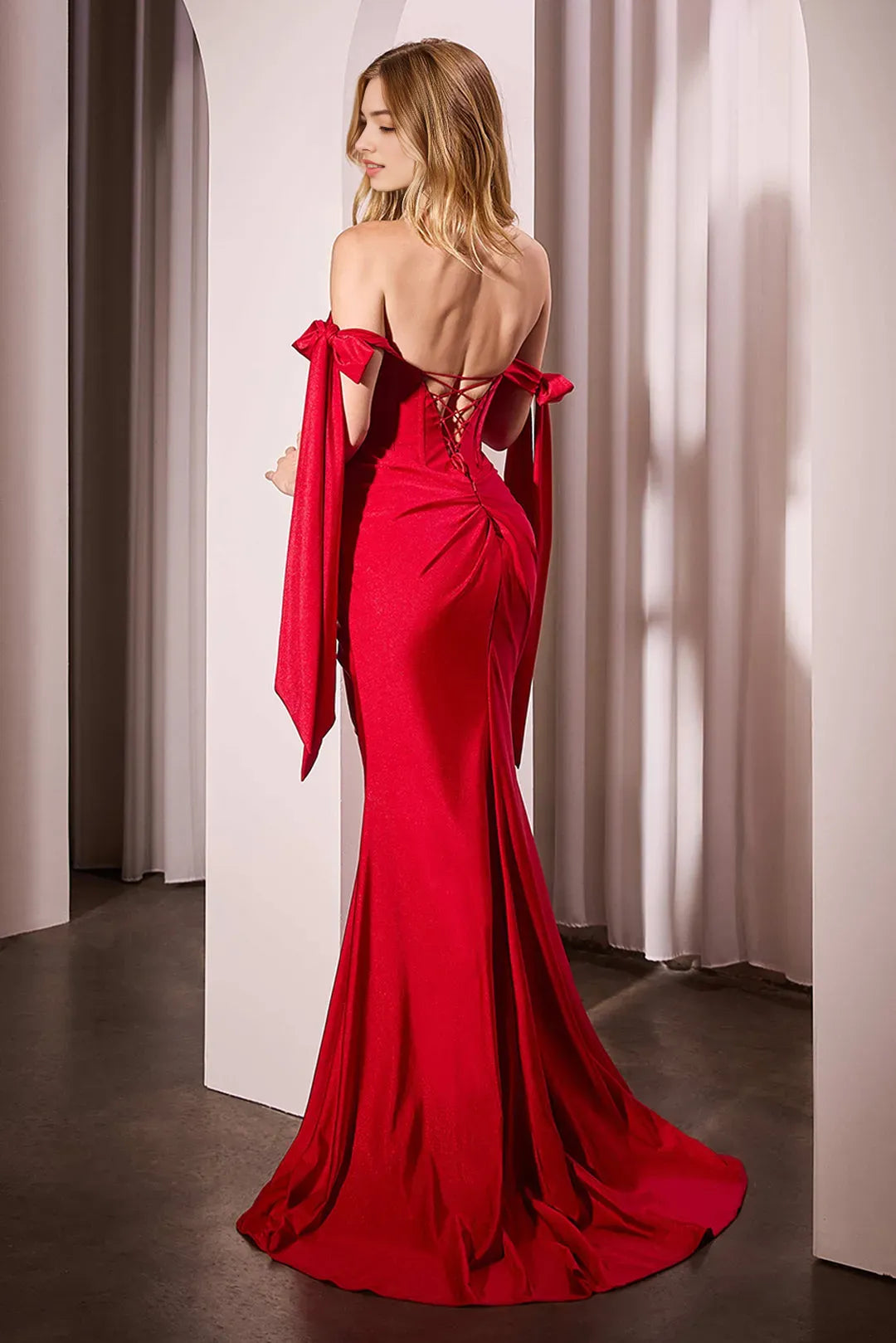 Red Mermaid Prom Dress with Off - Shoulder Neckline Draped Sleeves and High Slit for Formal Occasions