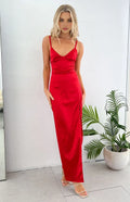 Red Prom Dress with Spaghetti Straps Plunging V Neckline and Side Slit for Women's Formal Evening Party