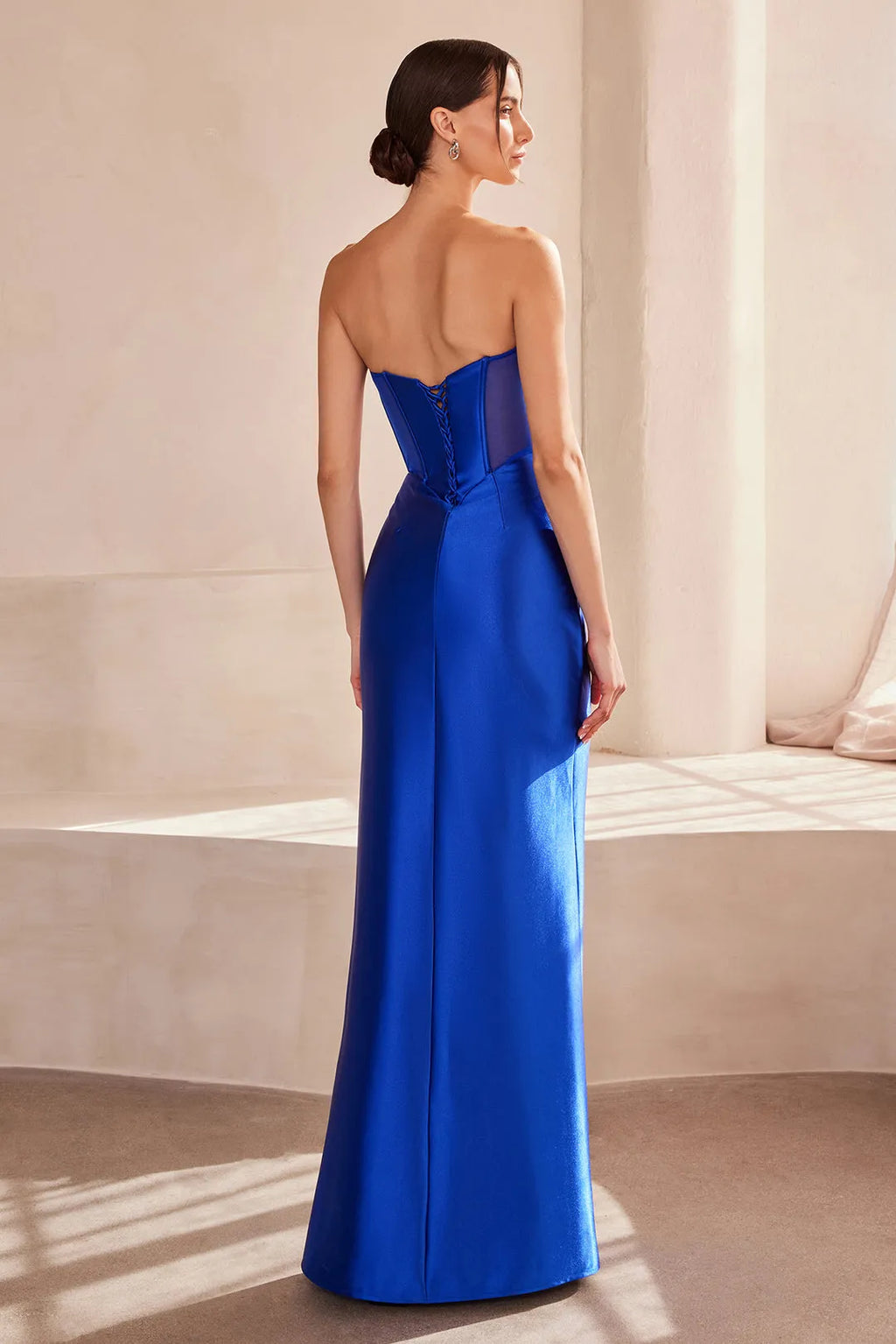 Red Strapless Mermaid Prom Dress with Corset Bodice Draped Detailing and High Side Slit for Formal Occasions