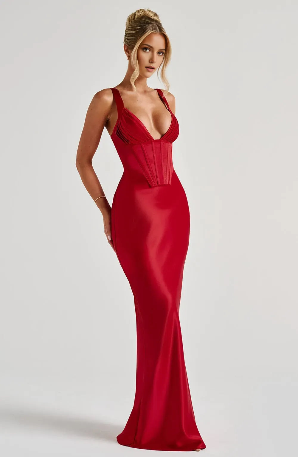 Red Sheath Deep V - Neck Spaghetti Straps Sleeveless Up Floor -Length Prom Dresses bride