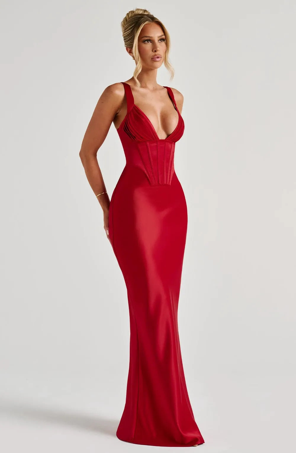 Red Sheath Deep V - Neck Spaghetti Straps Sleeveless Up Floor -Length Prom Dresses bride