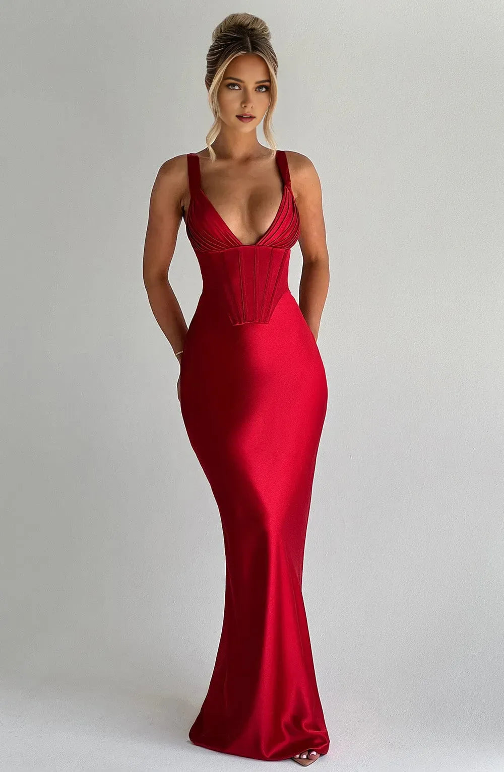 Red Sheath Deep V - Neck Spaghetti Straps Sleeveless Up Floor -Length Prom Dresses bride