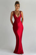 Red Sheath Deep V - Neck Spaghetti Straps Sleeveless Up Floor -Length Prom Dresses bride