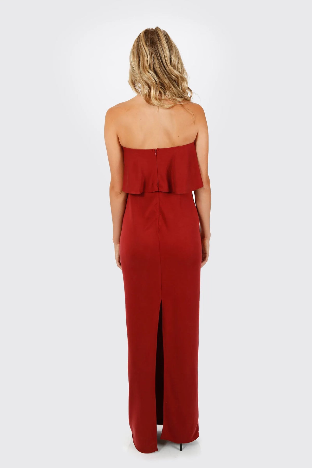 Red Sheath Strapless Sleeveless Ruffled Back Zip Back Slit Floor-Length Prom Dresses