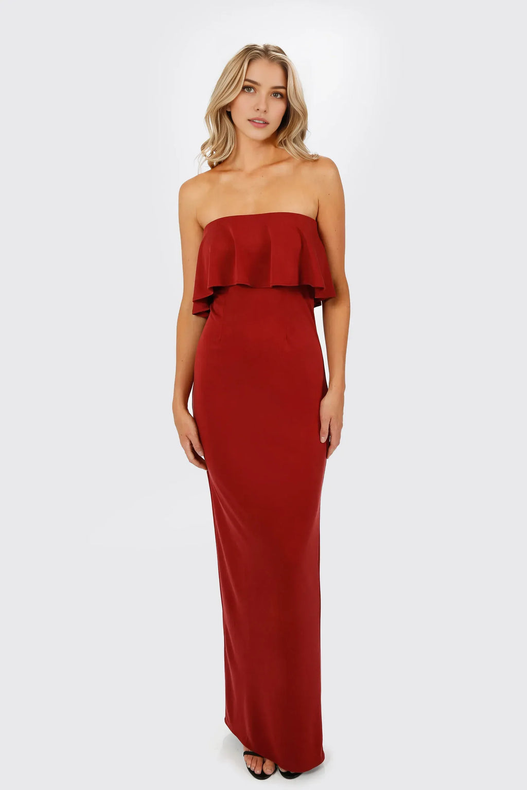 Red Sheath Strapless Sleeveless Ruffled Back Zip Back Slit Floor-Length Prom Dresses