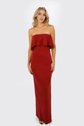 Red Sheath Strapless Sleeveless Ruffled Back Zip Back Slit Floor-Length Prom Dresses