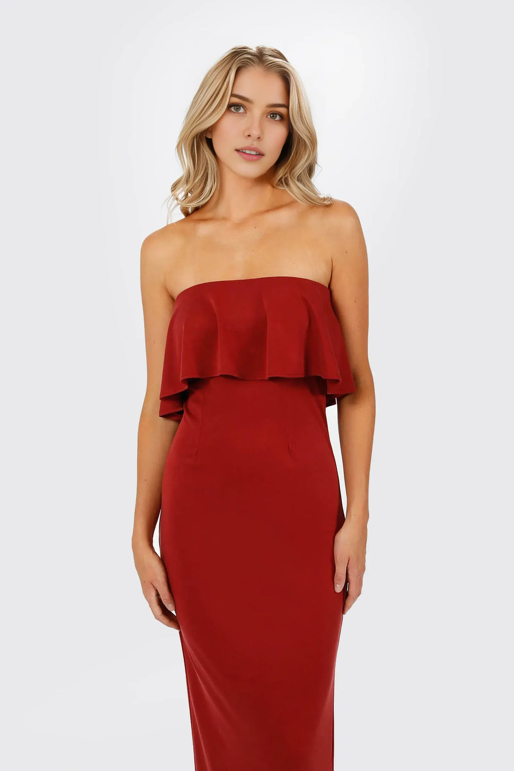 Red Sheath Strapless Sleeveless Ruffled Back Zip Back Slit Floor-Length Prom Dresses