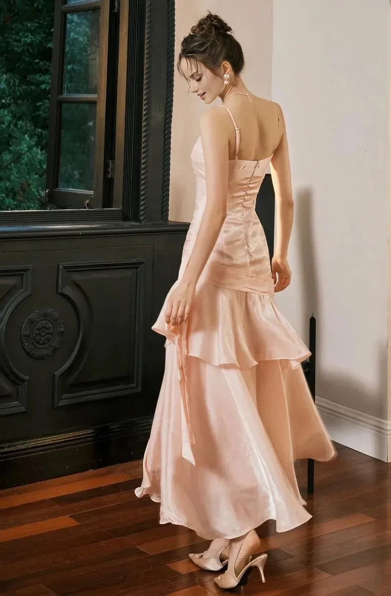 Pink Rose Mermaid Spaghetti Strap Sleeveless Back Zip Ruffled Tea-Length Prom Dress ﻿Hot sale