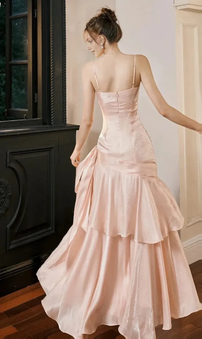 Pink Rose Mermaid Spaghetti Strap Sleeveless Back Zip Ruffled Tea-Length Prom Dress ﻿Hot sale