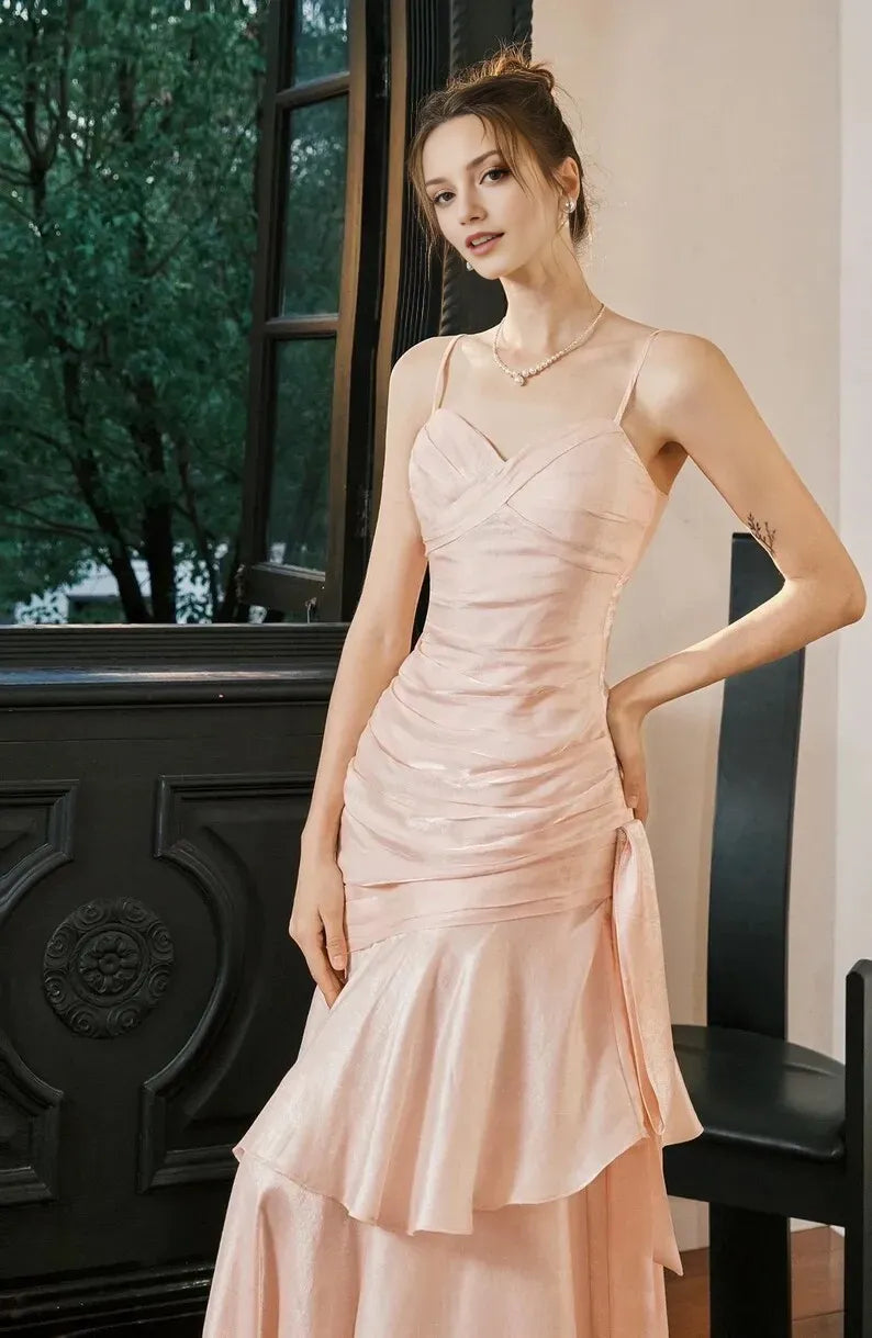 Pink Rose Mermaid Spaghetti Strap Sleeveless Back Zip Ruffled Tea-Length Prom Dress ﻿Hot sale